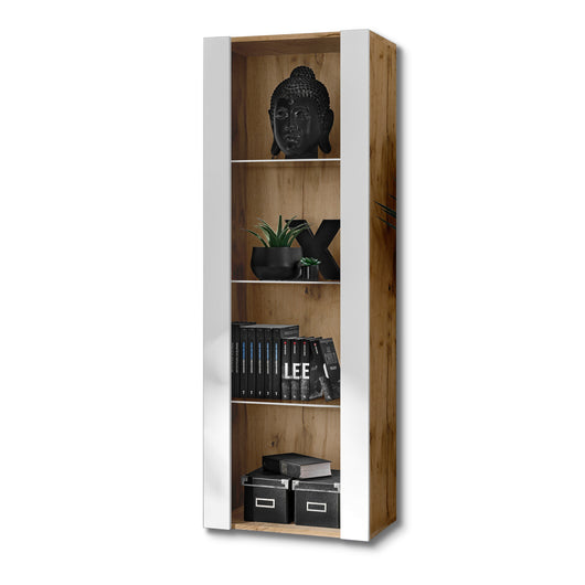 Vetrina Tivoli, Komodee, Wotan/Bianco, Larghezza 55 cm x Altezza 159 cm x Profondità 35 cm, senza LED, 3 ripiani, Per soggiorno, Camera da letto, anticamera