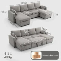 Divano Letto Moderno a U con 2 Chaise Longue e Vani Contenitore, Velluto a Coste, 282x140x86 cm, Grigio