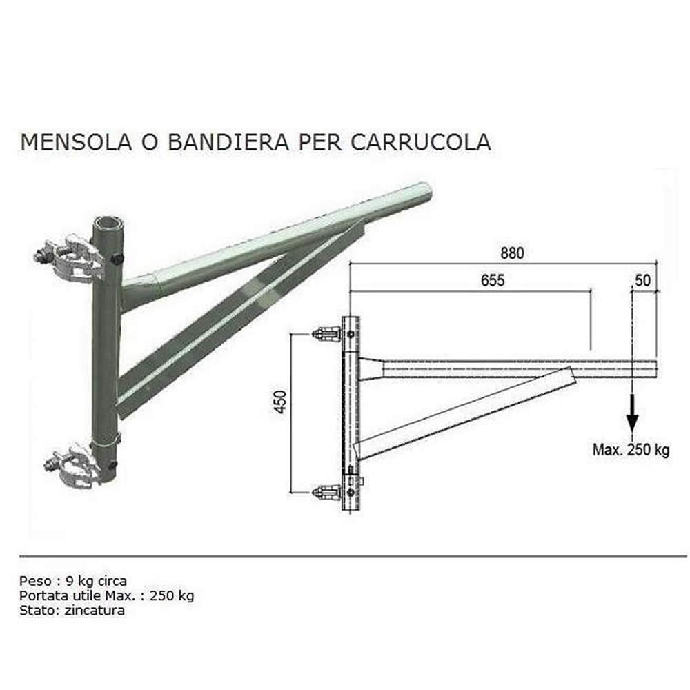 Bandiera mensola per carrucola di sicurezza autobloccante per edilizia portata kg 250