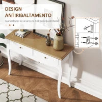 Tavolo Consolle Moderno con 2 Cassetti in Legno, 100x35x76.5 cm, Bianco e Marrone Scuro