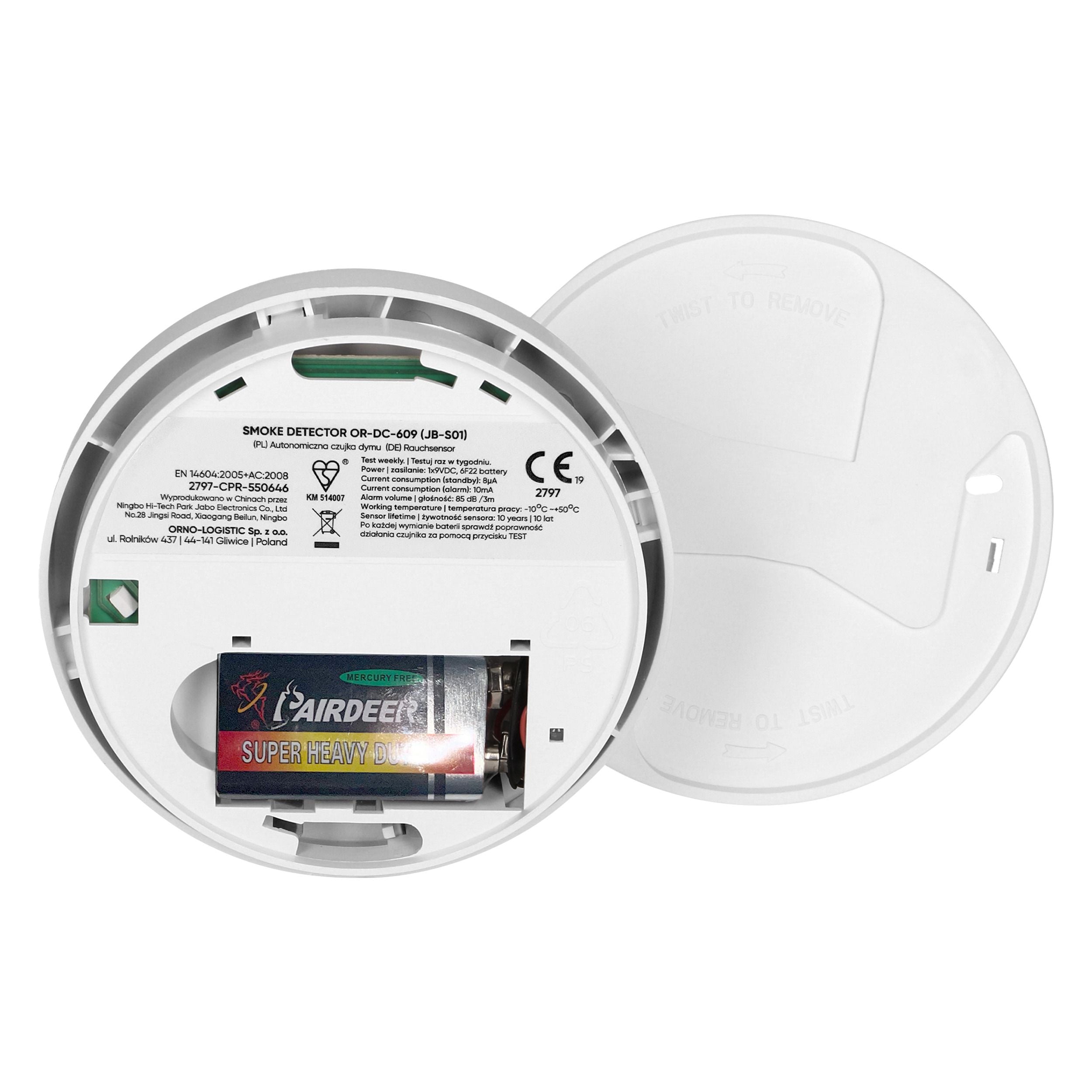 Rilevatore di Fumo Certificato EN 14604, Segnale da 85 dB, a batteria 9V inclusa