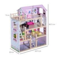 Casa delle Bambole per Bambini 3+ Anni in Legno di Pino e MDF a 4 Piani con 13 Accessori, Rosa, 60x30x80 cm