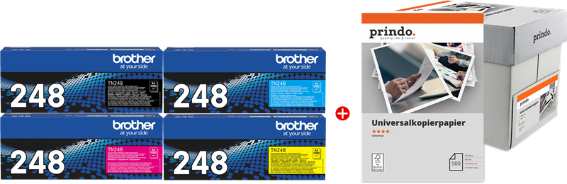 ORIGINAL Brother Value Pack nero / ciano / magenta / giallo / Bianco TN-248 MCVP + Prindo Universal Papier 2500 Blatt ~4000 Seiten