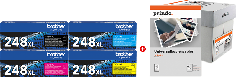 ORIGINAL Brother Value Pack nero / ciano / magenta / giallo / Bianco TN-248XL MCVP + Prindo Universal Papier 2500 Blatt ~9900 Seiten