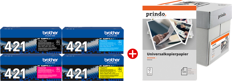 ORIGINAL Brother Value Pack nero / ciano / magenta / giallo / Bianco TN-421 MCVP + Prindo Universal Papier 2500 Blatt ~8400 Seiten