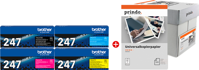 ORIGINAL Brother Value Pack nero / ciano / magenta / giallo TN-247 MCVP 01 + Prindo Universal Papier 2500 Blatt ~9900 Seiten