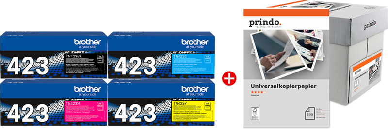 ORIGINAL Brother Value Pack nero / ciano / magenta / giallo TN-423 MCVP + Prindo Universal Papier 2500 Blatt ~18500 Seiten