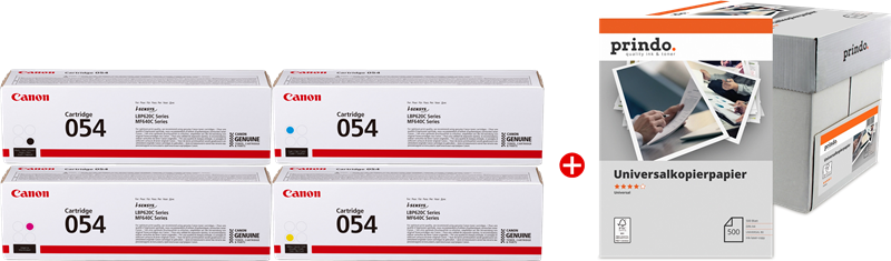 ORIGINAL Canon Value Pack nero / ciano / magenta / giallo 054 MCVP + Prindo Universal Papier 2500 Blatt ~5100 Seiten