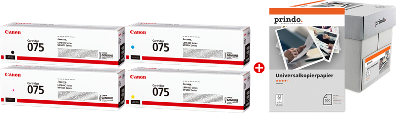 ORIGINAL Canon Value Pack nero / ciano / magenta / giallo / Bianco 075 MCVP + Prindo Universal Papier 2500 Blatt ~5300 Seiten