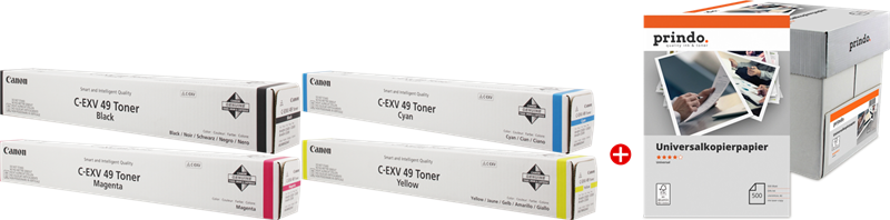 ORIGINAL Canon Value Pack nero / ciano / magenta / giallo C-EXV49 MCVP + Prindo Universal Papier 2500 Blatt ~93000 Seiten