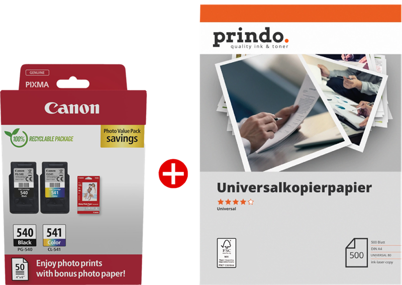 ORIGINAL Canon Value Pack nero / differenti colori / Bianco / Bianco PG-540+CL-541 MCVP + Prindo Universal Papier 500 Blatt ~360 Seiten