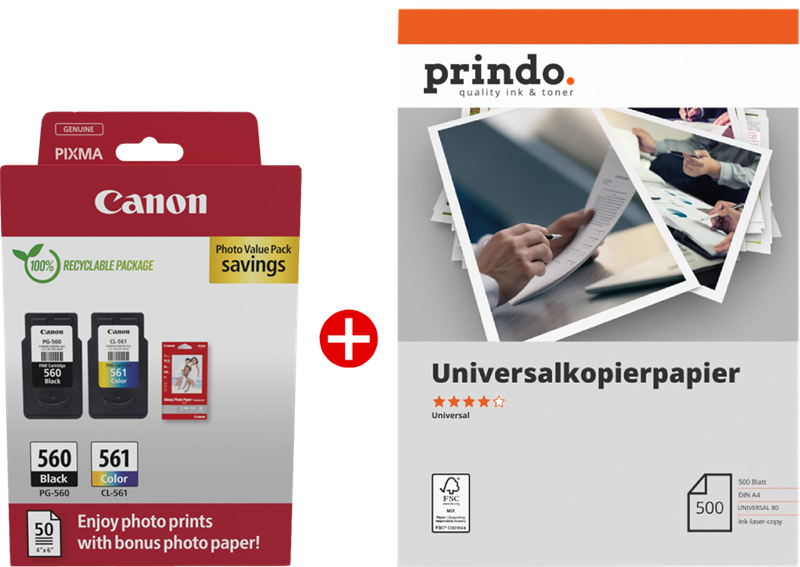 ORIGINAL Canon Value Pack nero / differenti colori / Bianco / Bianco PG-560+CL-561 MCVP + Prindo Universal Papier 500 Blatt ~360 Seiten