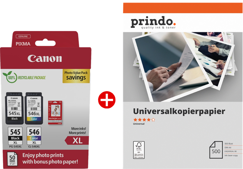 ORIGINAL Canon Value Pack nero / differenti colori / Bianco PG-545XL + CL-546XL MCVP + Prindo Universal Papier 500 Blatt ~700 Seiten