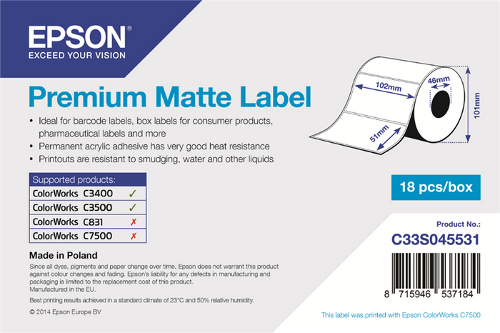 ORIGINAL Epson Etichette C33S045531 S045531 Premium Matte Label - Die-cut Roll: 102mm x 51mm, 650 labels
