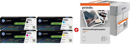 ORIGINAL HP Value Pack nero / ciano / magenta / giallo / Bianco 220A MCVP + Prindo Universal Papier 2500 Blatt ~7400 Seiten