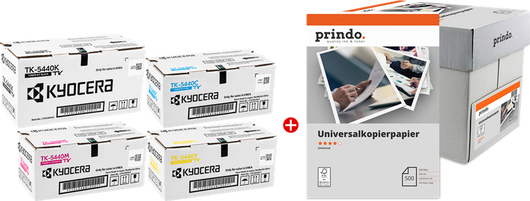 ORIGINAL Kyocera Value Pack nero / ciano / magenta / giallo / Bianco TK-5440 MCVP + Prindo Universal Papier 2500 Blatt ~10000 Seiten
