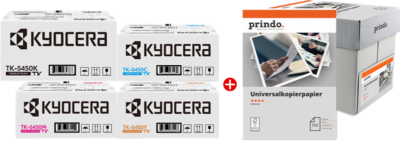ORIGINAL Kyocera Value Pack nero / ciano / magenta / giallo / Bianco TK-5450 MCVP + Prindo Universal Papier 2500 Blatt ~13700 Seiten
