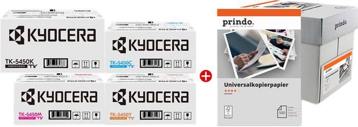 ORIGINAL Kyocera Value Pack nero / ciano / magenta / giallo / Bianco TK-5450 MCVP + Prindo Universal Papier 2500 Blatt ~13700 Seiten
