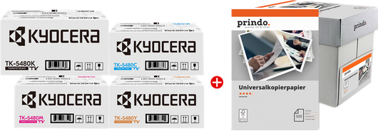 ORIGINAL Kyocera Value Pack nero / ciano / magenta / giallo / Bianco TK-5480 MCVP + Prindo Universal Papier 2500 Blatt ~5000 Seiten