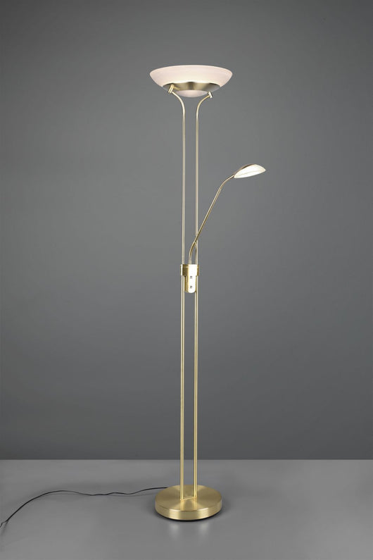 ORSON PIANTANA OTTONE SATINATO LED 6W 600lm, 3000K- 28W 3200lm, 3000K CON LAMPADA DA LETTURA CON FUNZIONE DIMMER ED ACCENSIONI SEPARATE H. 180CM