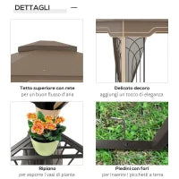 Gazebo da Giardino con Zanzariera, Doppio Tetto e Struttura Metallo, 3.7x3m Marrone e Beige