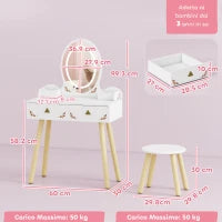 Set Toeletta per Bambini da 3 Anni con Specchio Illuminato e Sgabello, 2 Cassetti e 2 Scatole, Bianco