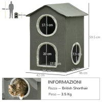 Casetta per Gatti a Due Livelli con Cuscini Lavabili 3 entrate, 42x46x59.5 cm, Grigio