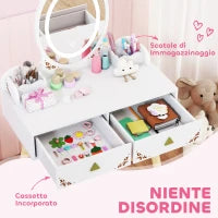 Set Toeletta per Bambini da 3 Anni con Specchio Illuminato e Sgabello, 2 Cassetti e 2 Scatole, Bianco