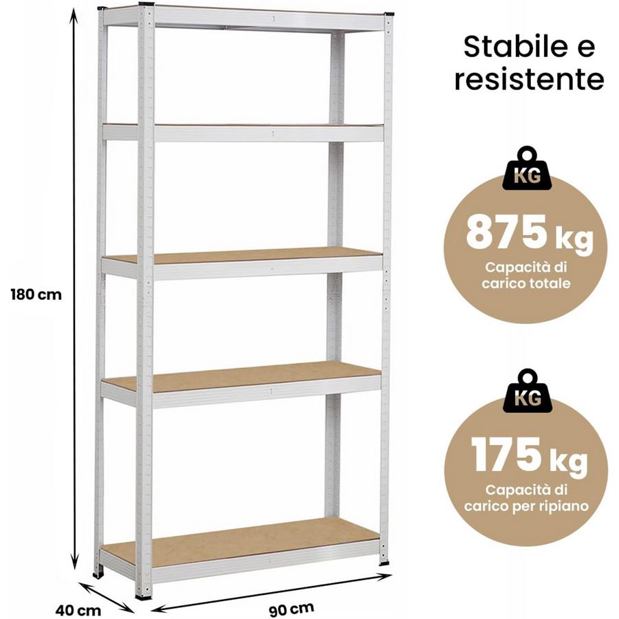Scaffale metallico 5 ripiani 875kg bianco x2