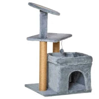 Tiragraffi per Gatti con Pali in Juta, Casetta e Cuscino, Rivestimento Peluche, Altezza 84cm, Grigio