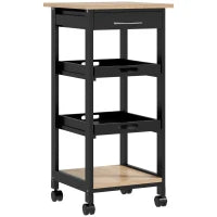 Carrello Di Servizio Da Cucina A Ruote Con 2 Ripiani Rimovibili, Cassetto, Scaffale Rovere Chiaro Legno Di Pino Nero