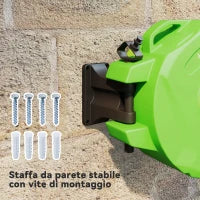 Outsunny Avvolgitubo da Giardino Retrattile con Tubo dell'Acqua 15 m, Rullo Avvolgitubo da Parete Girevole a 180°, Avvolgitubo Automatico Tubo da Giardino per Irrigazione in plastica, Verde