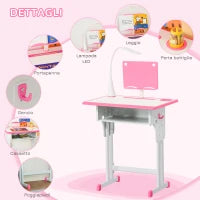 Set Scrivania e Sedia per Bambini 6-12 Anni ad Altezza Regolabili, Banco Scuola con Lampada, Cassetto, Gancio, Portapenne e Leggio, Set Banco con Sedia per Bambini in Acciaio e MDF, Rosa