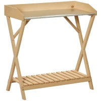 Tavolo da Giardinaggio in Legno con Piano in Metallo Antiruggine e Ripiano Portaoggetti, 80x40x84cm