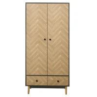 Armadio 2 Ante In Legno Con 4 Ripiani, 2 Cassetti e Appendiabiti, Grigio Scuro, 90x50x190 cm