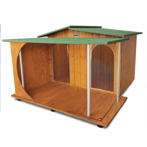 CUCCIA IN LEGNO PER CANI DA ESTERNO OASI CON DUE INGRESSI E VERANDA SENZA SEPARÈ CON 2 "TENDINE OMAGGIO" L.119 x P.153 x H.87