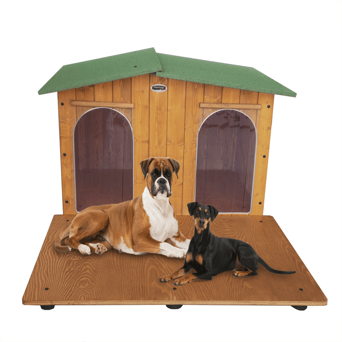 CUCCIA IN LEGNO PER CANI DA ESTERNO OASI CON DUE INGRESSI E DAVANZALE SENZA SEPARÈ CON 2 "TENDINE OMAGGIO" L.119 x P.153 x H.87