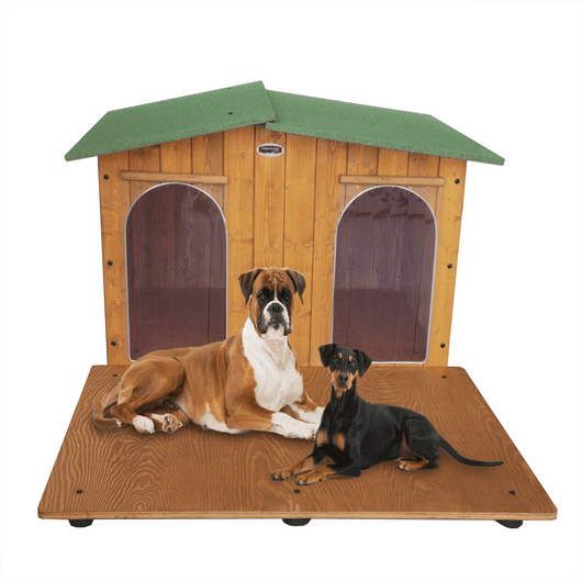 CUCCIA IN LEGNO PER CANI DA ESTERNO OASI CON DUE INGRESSI E DAVANZALE CON SEPARÈ ESTRAIBILE CON 2 "TENDINE OMAGGIO" L.119 x P.153 x H.87