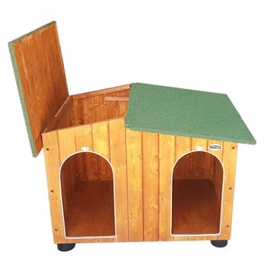 CUCCIA IN LEGNO PER CANI DA ESTERNO OASI CON DUE INGRESSI E VERANDA SENZA SEPARÈ CON 2 "TENDINE OMAGGIO" L.119 x P.153 x H.87