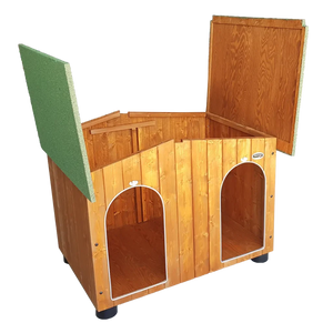 CUCCIA IN LEGNO DA ESTERNO MODELLO OASI CON DUE INGRESSI SENZA SEPARÈ CON 2 "TENDINE OMAGGIO" L.119 x P.90 x H.87