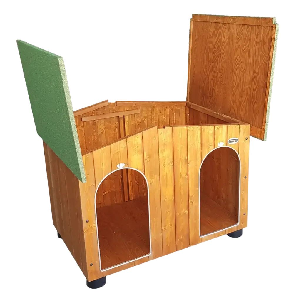 CUCCIA IN LEGNO PER CANI DA ESTERNO OASI CON DUE INGRESSI E DAVANZALE SENZA SEPARÈ CON 2 "TENDINE OMAGGIO" L.119 x P.153 x H.87