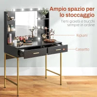 Tavolo da Trucco con 2 Cassetti, 6 Ripiani, Specchio e Sgabello, in Legno e Acciaio, 90x45x132.5 cm, Nero
