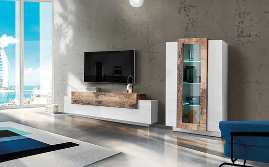 Parete attrezzata moderna soggiorno porta TV vetrina bianco legno Corona