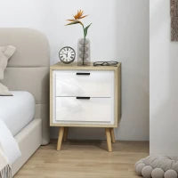 Comodino con 2 cassetti silenziosi e piedi in legno massiccio, 40 x 35 x 50 cm, Bianco lucido