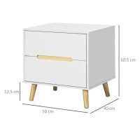 Comodino Moderno con 2 Cassetti, Set 2 Pezzi in Truciolato e Gambe in Legno di Pino, 50Lx40Px50.5A cm, Bianco