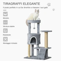 Albero Tiragraffi per Gatti con Trespolo, Casetta, Rampa e Pallina, in Legno e Peluche, 60x40x100 cm, Grigio Chiaro