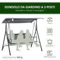 Dondolo 3 Posti con Tettuccio Inclinabile e Cuscini, in Acciaio e Poliestere, 172x110x153 cm, Grigio
