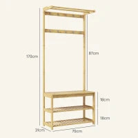 Mobile Appendiabiti 3 in 1 in Bambù con 10 Ganci, 2 Aste e Panca Scarpiera, 70x31x170 cm, Marrone