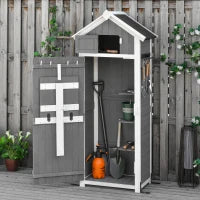 Casetta da Giardino Porta Attrezzi in Abete con Ripiano Rimovibile e Tavolo da Lavoro, 78x52.5x182 cm, Grigia