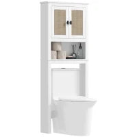 Mobile sopra Inodoro con 2 Porte con Frontale di Rattan Vano e Ripiano Regolabile 60x19,5x160 cm Bianco
